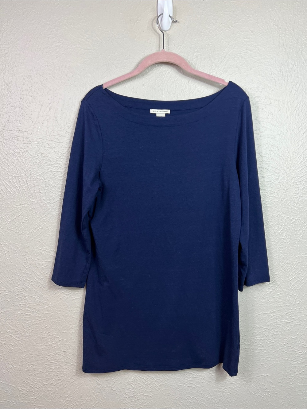 White + Warren Bateau Neck 3/4 Sleeve Navy Blue Tunic Top Medium